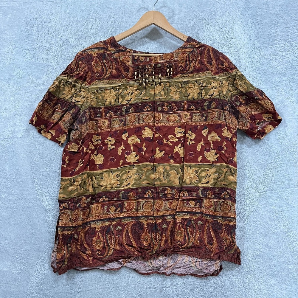 Vintage R&K Shirt Womens 20 Aztec Rayon Short Sleeve Padded Top Hippie